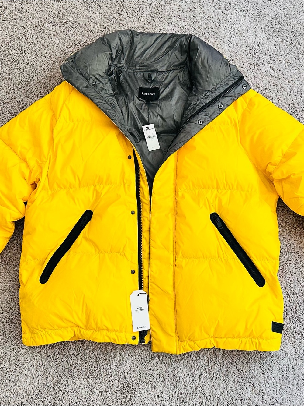 Express Bright Yellow Puffer Jacket with Gray Lining